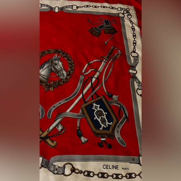 Celine Scarf. 100% Silk, Hand Rolled. Made in Italy. Equestrian Motif. - Picture 2 of 14